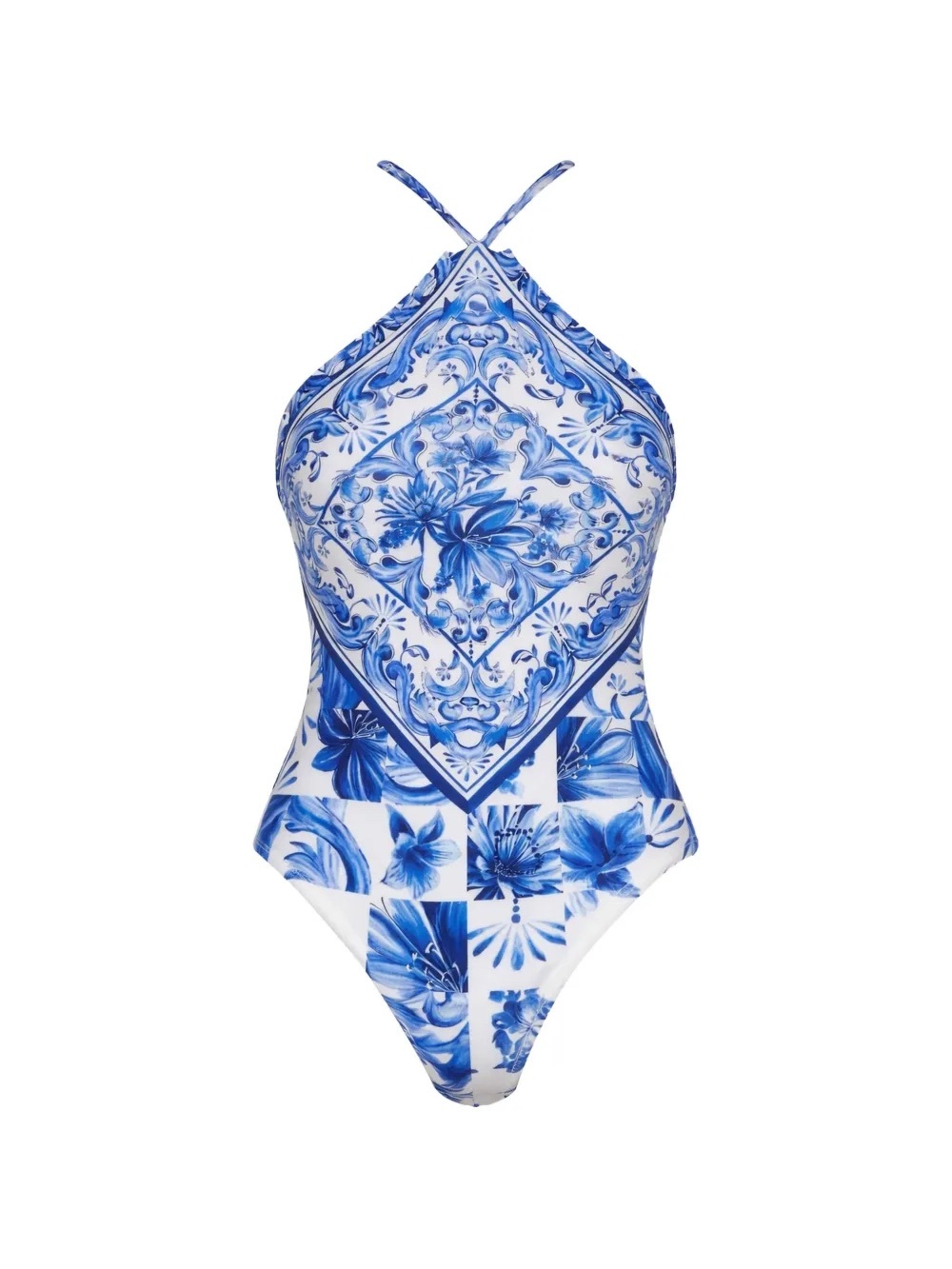 FARM Rio Garden Tiles Printed Halter One Piece Swimsuit Blue White NWT Small